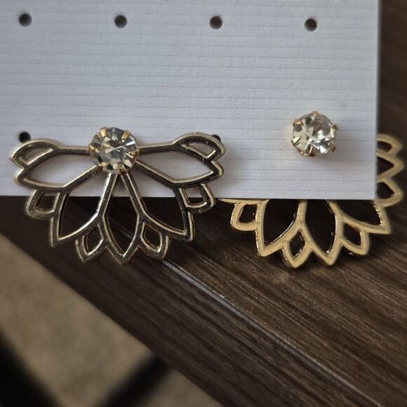 3/$16💥  Lotus Flower Ear Jacket & Stud Gold Stone Silver Fashion Earrings - Picture 3 of 7
